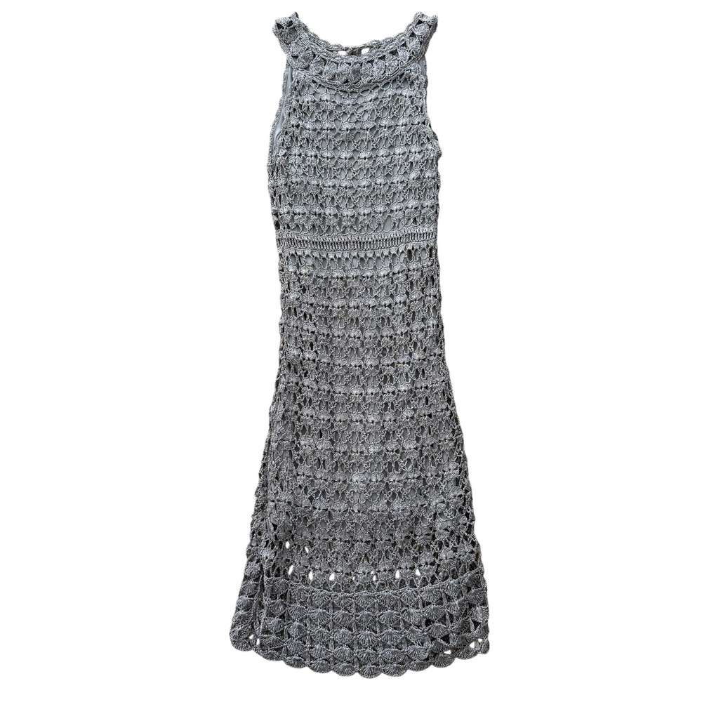 INC International Concepts Metallic Crochet Midi Dress Sparkle XS Silver Y2K
